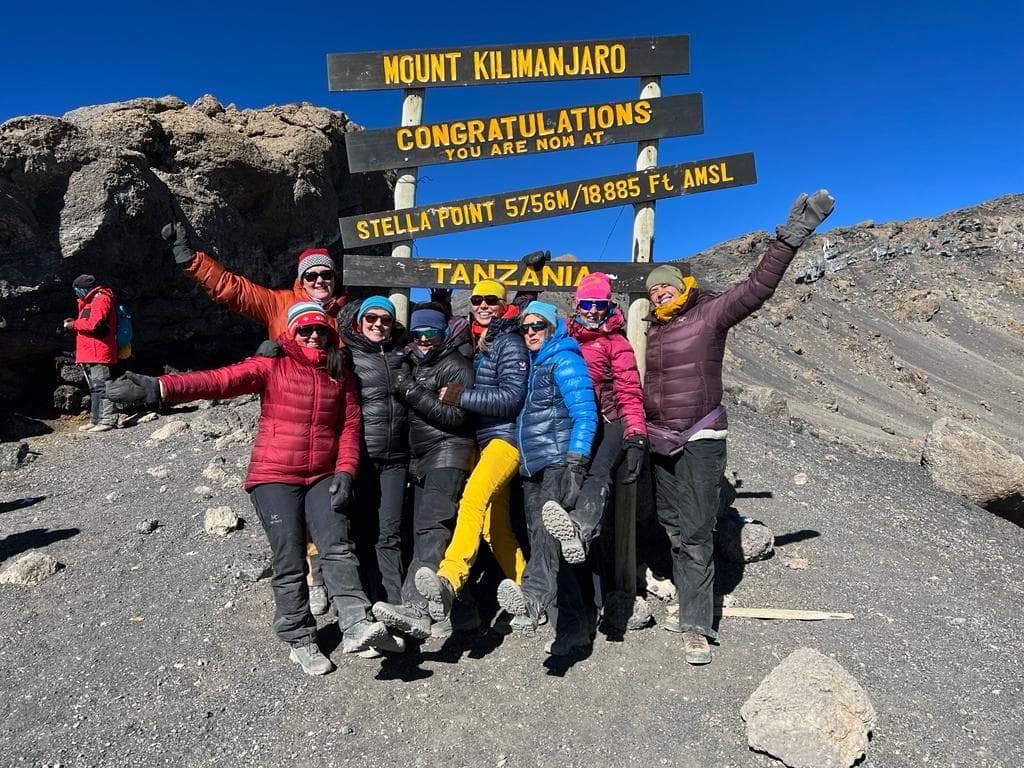 Resenärer firar vid toppskylten på Kilimanjaro